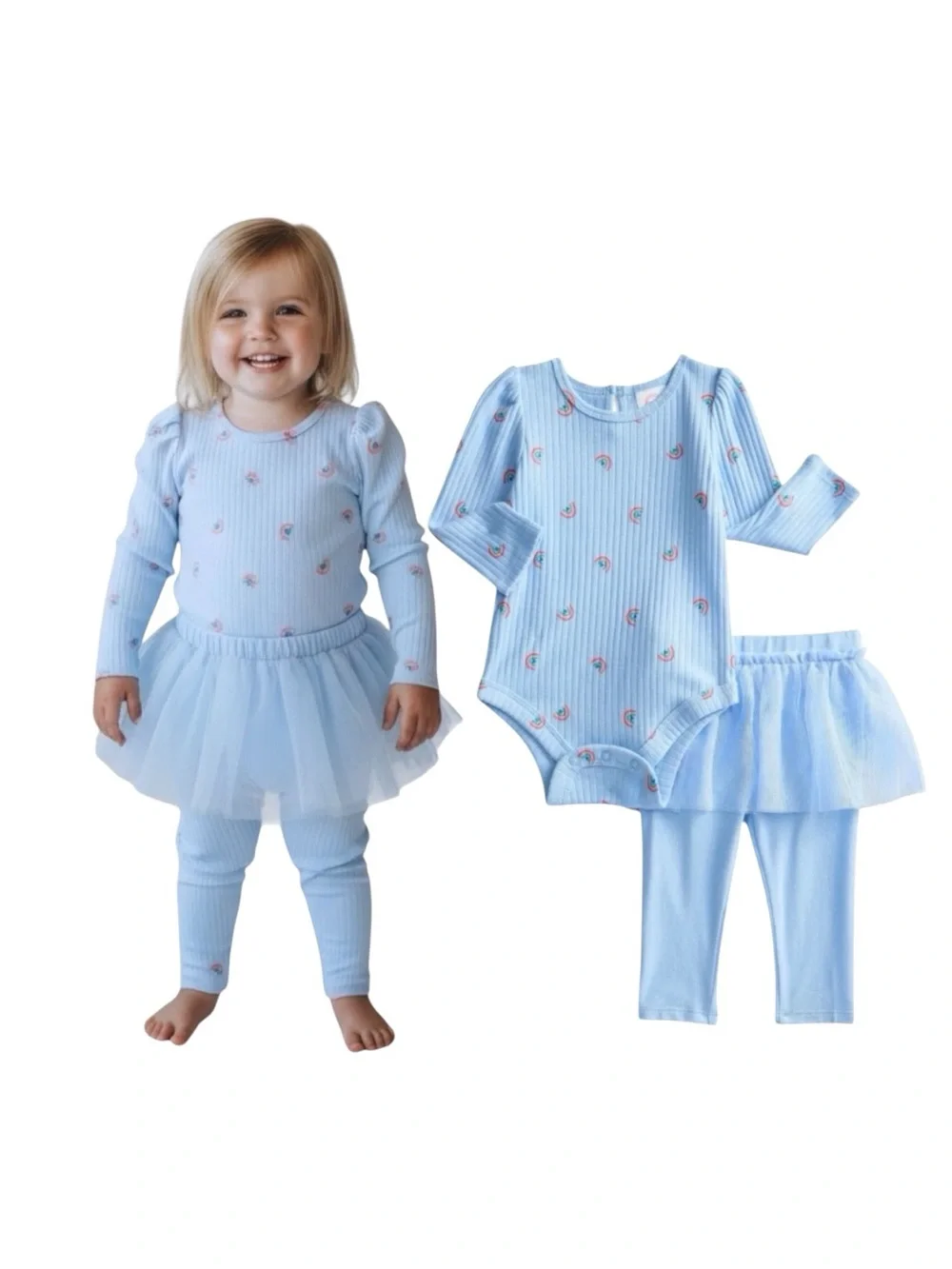 wonder nation Light Blue Ribbed Mini Rainbow Bodysuit With Tulle Skeggings